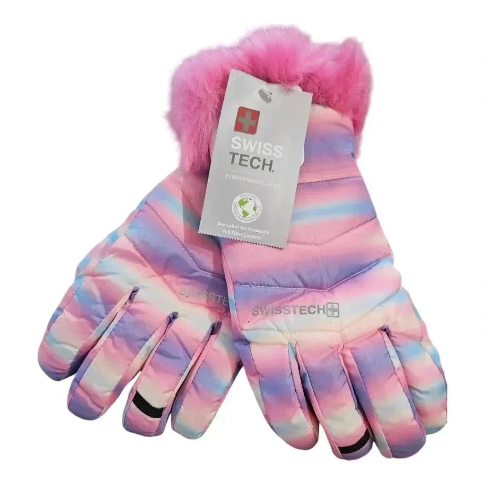 SwissTech Pink Cotton Candy Thermal Gloves with Faux Fur Cuff
